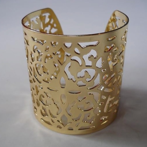 Filigree Cut Out Statement Wide Large Cuff Metal Bangle Bracelet Gold Tone - Picture 2 of 10
